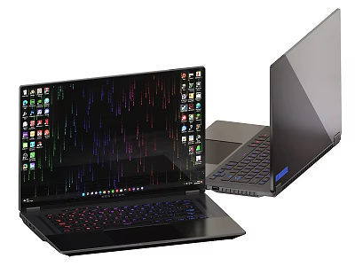 Two Modern Black Laptops Featuring Colorful Keyboard And Multitasking Screen Interface Design 3d model