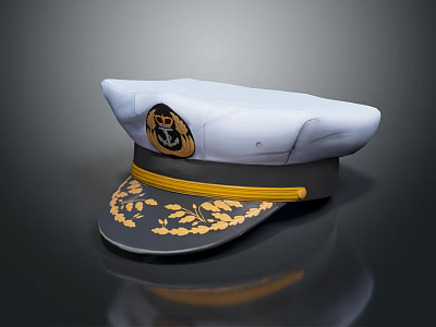 Naval Officer Cap With White Crown Black Brim Gold Leaf Pattern And Anchor Emblem 3d model