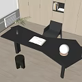 Modern Black Desk With Open Book White Lamp Plant And Chair In Minimalist Room