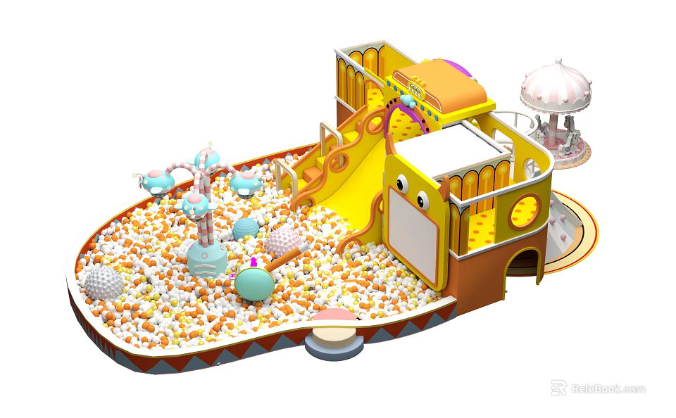 Colorful Kids Playground with Yellow Slide Ball Pit Teapot Shaped Decorations and Small Carousel 3d model 