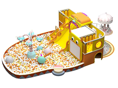 Colorful Kids Playground with Yellow Slide Ball Pit Teapot Shaped Decorations and Small Carousel 3d model