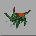 Colorful Green Elephant Toy With Red Ears Floral Patterns White Tusks Striped Tail