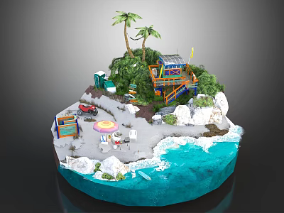 Cartoon Island Scene With Palm Trees Beach House Slide Red Car And Blue Ocean 3d model