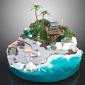 Cartoon Island Scene With Palm Trees Beach House Slide Red Car And Blue Ocean