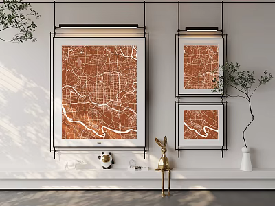 Three Orange Map Wall Arts With White Shelf Small Decorations Green Plant Golden Deer Figurine 3d model