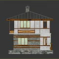 Two Story Residential Building with Gray Roof Chimney Stone Exterior And Wooden Balcony Railings