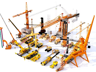 Various Types of Industrial Equipment Including Crane Excavator and Loader Machinery 3d model