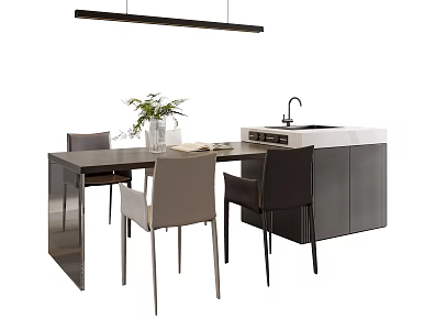 Modern Dining Table and Chair Combination Island Table Dining Table and Chair Acrylic Island Table Dining Table Ornaments Vase Green Plant Restaurant Chandelier Type Chandelier Leather Dining Chair 3d model
