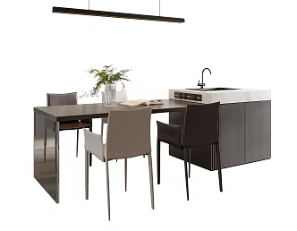 Modern Dining Table and Chair Combination Island Table Dining Table and Chair Acrylic Island Table Dining Table Ornaments Vase Green Plant Restaurant Chandelier Type Chandelier Leather Dining Chair 3d model