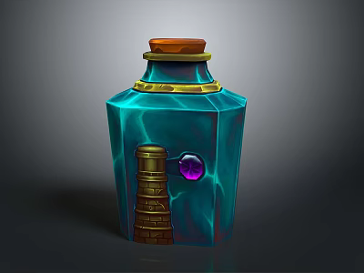 Enchanted Teal Blue Potion Bottle With Gold Accents Brown Cork And Purple Gem 3d model