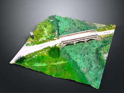 Scenic Stone Arch Bridge Surrounded by Lush Green Vegetation With Adjacent Road 3d model