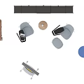 Modern Table and Chair Combination With Gray Chairs Blue Stool and Wooden Shelves