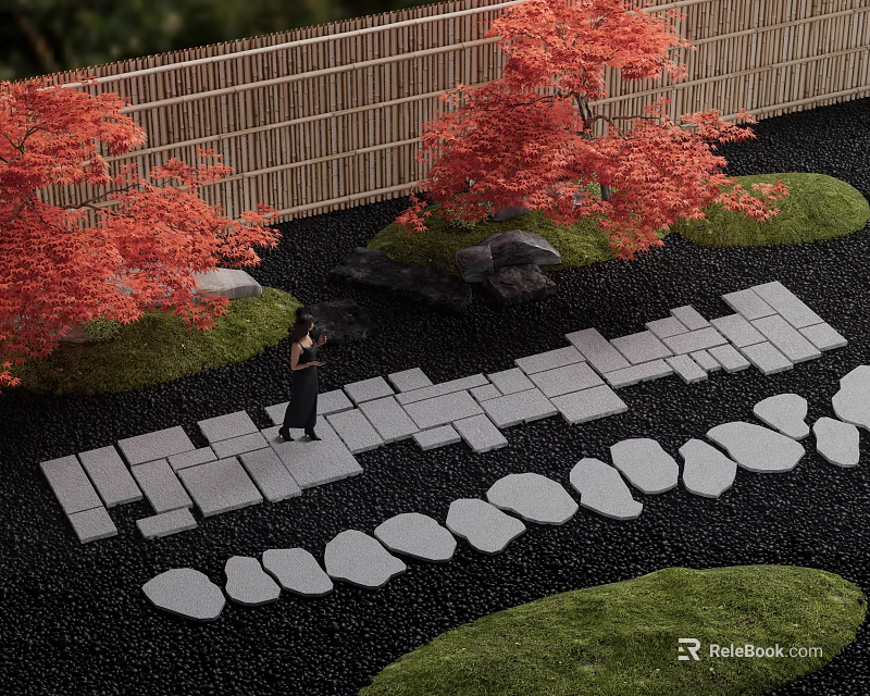 Stepping Stones Path In Japanese Garden With Red Maple Trees Bamboo Fence And Black Gravel 3d model 