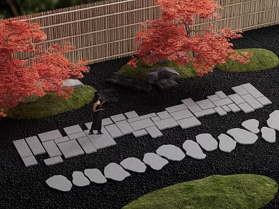 Stepping Stones Path In Japanese Garden With Red Maple Trees Bamboo Fence And Black Gravel 3d model