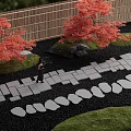 Stepping Stones Path In Japanese Garden With Red Maple Trees Bamboo Fence And Black Gravel