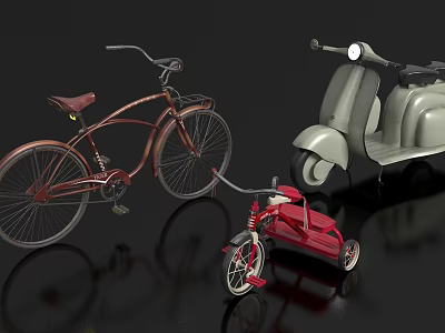 Vintage Bicycle Display With Tricycle And Scooter On Dark Background 3d model