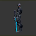 Sci Fi Game Movie Character In Black Silver Armor With Red Visor And Glowing Sword