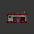 Vintage Small Building With Red Roof Blue Door Grid Windows And Roof Appliances