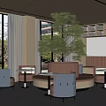 Modern Lounge Area Interior With Large Windows Green Tree Comfortable Sofas Round Tables And Bookshelves
