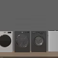 Four White And Black Washing Machines On Wooden Floor With Gray Background