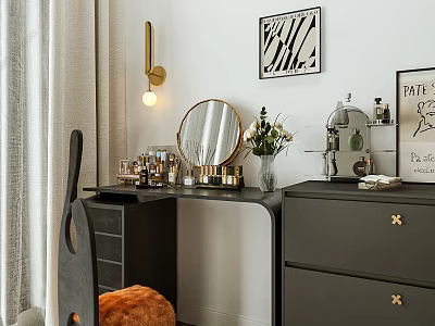 Stylish Black Vanity Table Interior With Round Mirror Gold Accents Cosmetics And Vase Flowers 3d model
