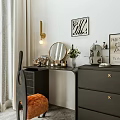 Stylish Black Vanity Table Interior With Round Mirror Gold Accents Cosmetics And Vase Flowers
