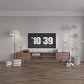 Walnut TV Stand with TV Floor Lamp Potted Plant Books and Striped Wall Decor