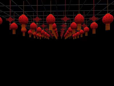 Multiple Red Traditional Lanterns Hanging From Ceiling As Festive Decorations 3d model