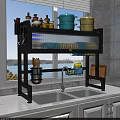 Practical Black Metal Kitchen Shelf Rack Above Sink With Cookware And Utensils Storage