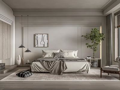 Modern Bedroom Interior Design With Neutral Tones Bed Pillows Wall Art And Green Plant 3d model