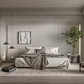 Modern Bedroom Interior Design With Neutral Tones Bed Pillows Wall Art And Green Plant