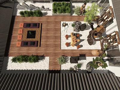 Serene Courtyard Garden Featuring Wooden Deck Seating Area Stone Decorations And Green Plants 3d model