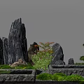 Karesansui Japanese Zen Garden With Gray Rock Formations Stone Basins And Greenery