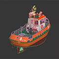 Orange and Red Tugboat with Green Deck Cabin and Mast Equipment