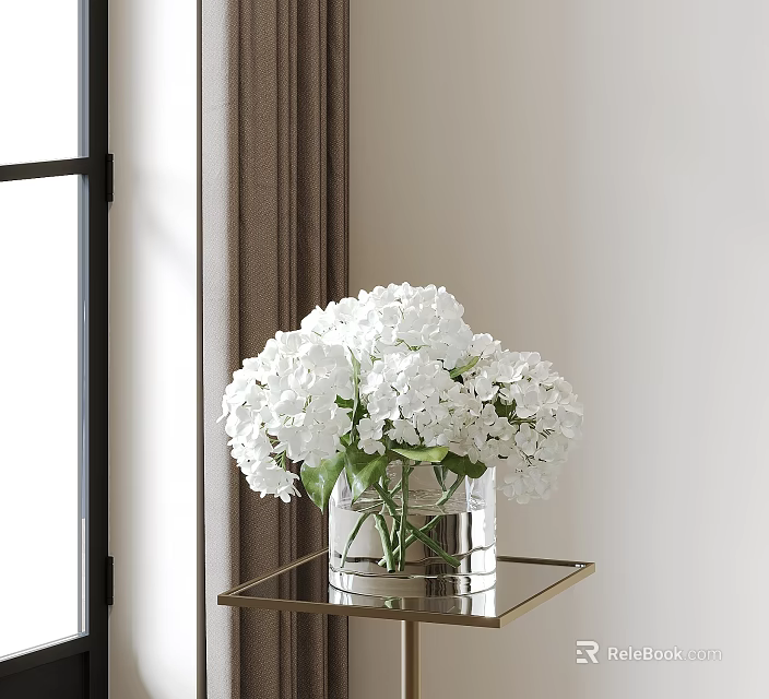 White Hydrangea Flowers in Transparent Glass Vase on Golden Metal Frame Glass Table by Window 3d model 