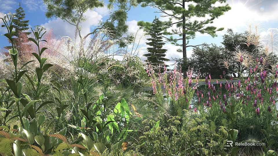 Lush Garden Shrubs With Green Foliage And Colorful Flowers In Natural Outdoor Landscape 3d model 