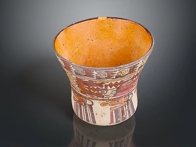 Traditional Handcrafted Ceramic Cup With Orange Interior And Colorful Geometric Patterns 3d model