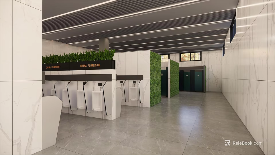 Modern Public Toilet Interior With Urinals Green Vertical Garden And Gray Flooring 3d model 