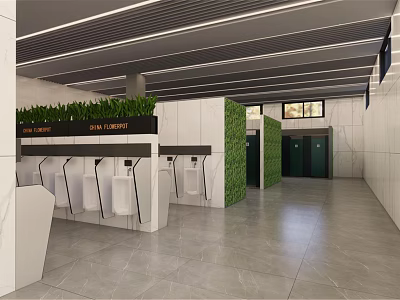 Modern Public Toilet Interior With Urinals Green Vertical Garden And Gray Flooring 3d model