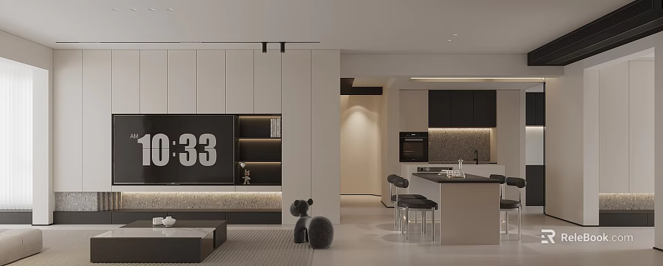 Modern Living Dining Room Interior With Digital Clock Black Decorative Figurine And Bar Stools 3d model 