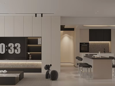Modern Living Dining Room Interior With Digital Clock Black Decorative Figurine And Bar Stools 3d model