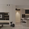 Modern Living Dining Room Interior With Digital Clock Black Decorative Figurine And Bar Stools
