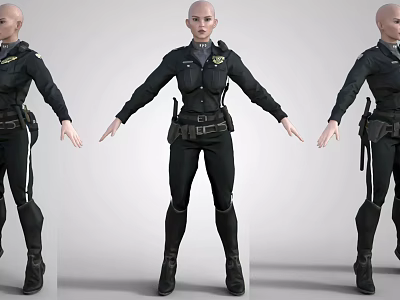 Female Police Officer In Black Uniform Displayed From Multiple Angles 3d model