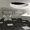 SWEET Exhibition Booth With White Wavy Design Tables Chairs Display Areas And Lighting Effects