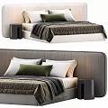Stylish Double Bed with Gray Headboard Green Pillow White Pillows and Black Nightstand
