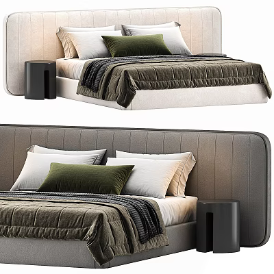 Stylish Double Bed with Gray Headboard Green Pillow White Pillows and Black Nightstand 3d model