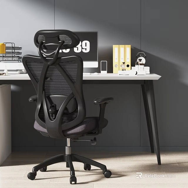 Ergonomic Office Chair And Tidy Desk Setup With Computer Folders And Clock On Gray Wall 3d model 