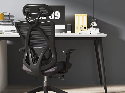 Ergonomic Office Chair And Tidy Desk Setup With Computer Folders And Clock On Gray Wall 3d model