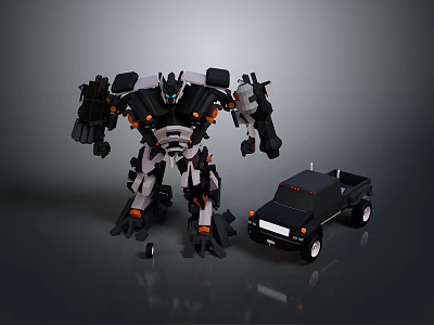 Black White Mechanical Robot With Transformable Pickup Truck And Orange Accents 3d model