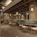 Wooden Themed Restaurant Interior With Hanging Lanterns Green Plants And Booth Seats
